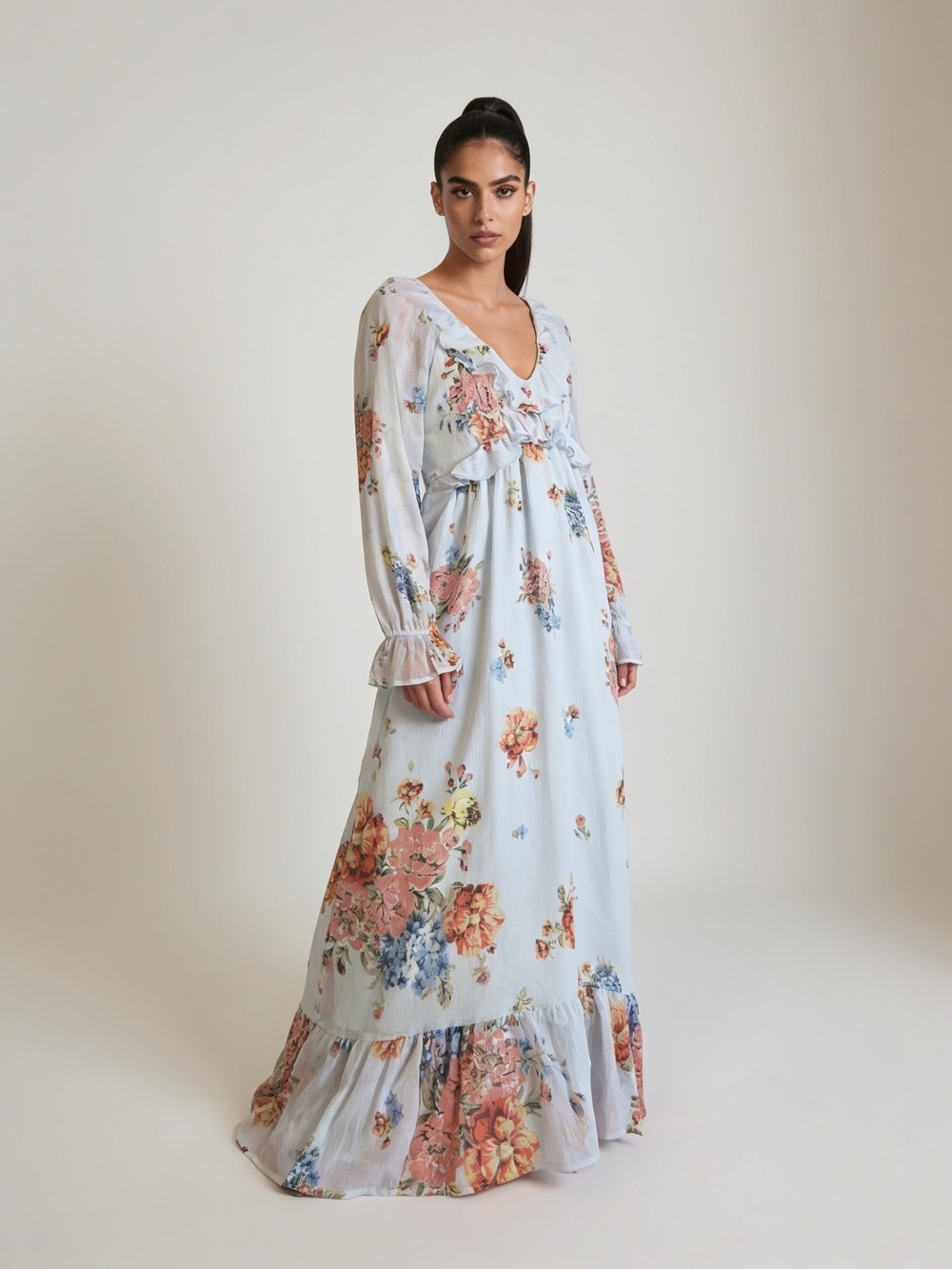 Patrons of Peace Long Floral V-Neck Maxi Dress in Light Blue